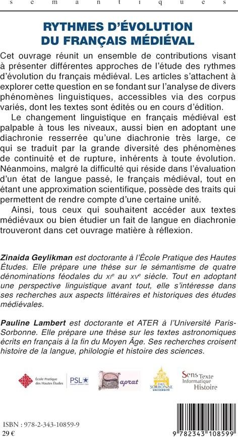 Quatrième de couverture de « RYTHMES D'EVOLUTION DU FRANCAIS MEDIEVAL »