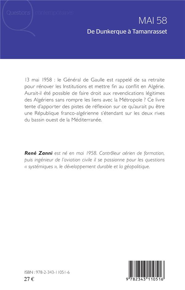 Quatrième de couverture de « MAI 58 - DE DUNKERQUE A TAMANRASSET »