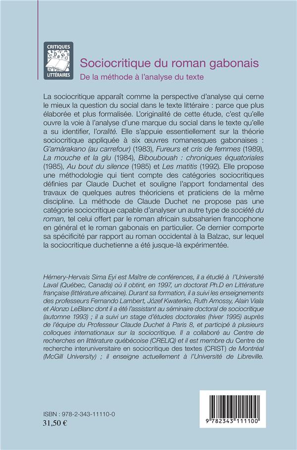 Quatrième de couverture de « SOCIOCRITIQUE DU ROMAN GABONAIS - DE LA METHODE A L'ANALYSE DU TEXTE »