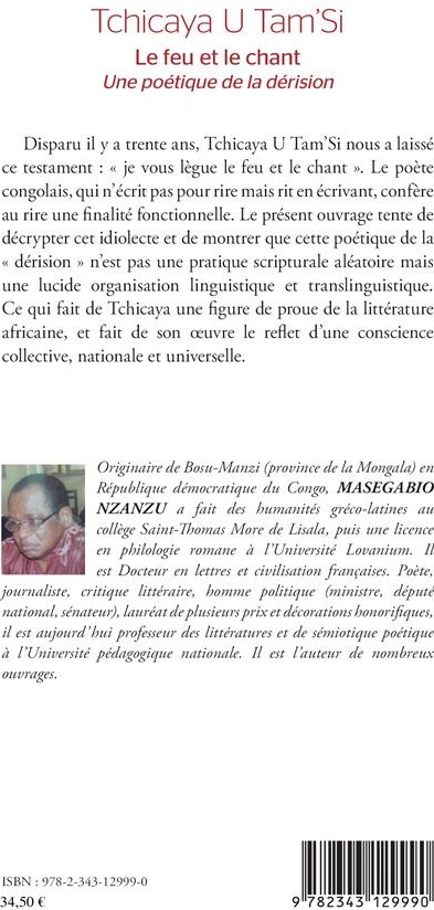 Quatrième de couverture de « TCHICAYA U TAM'SI - LE FEU ET LE CHANT - UNE POETIQUE DE LA DERISION »