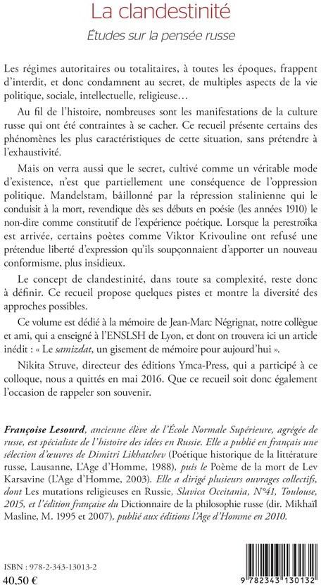 Quatrième de couverture de « LA CLANDESTINITE - ETUDES SUR LA PENSEE RUSSE »
