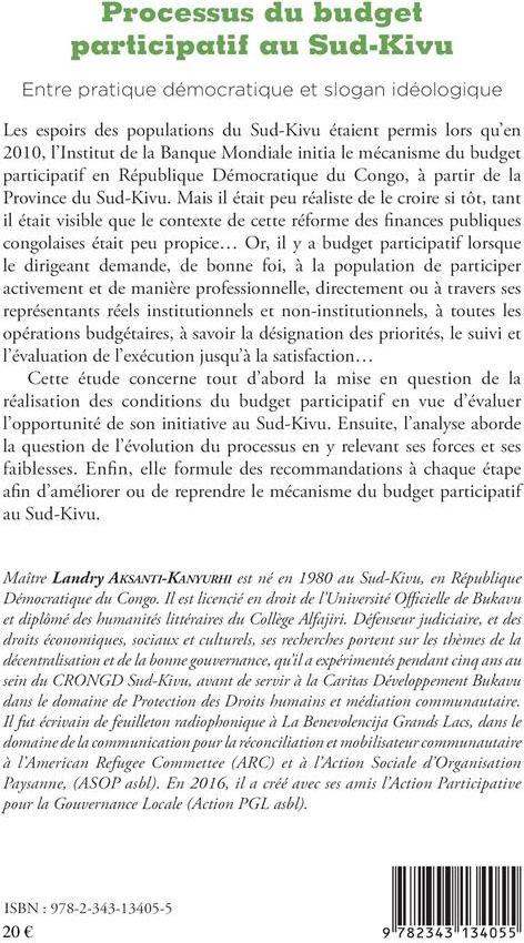Quatrième de couverture de « PROCESSUS DU BUDGET PARTICIPATIF AU SUD-KIVU - ENTRE PRATIQUE DEMOCRATIQUE ET SLOGAN IDEOLOGIQUE »
