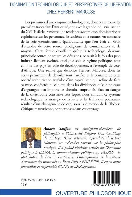 Quatrième de couverture de « DOMINATION TECHNOLOGIQUE ET PERSPECTIVES DE LIBERATION CHEZ HERBERT MARCUSE »