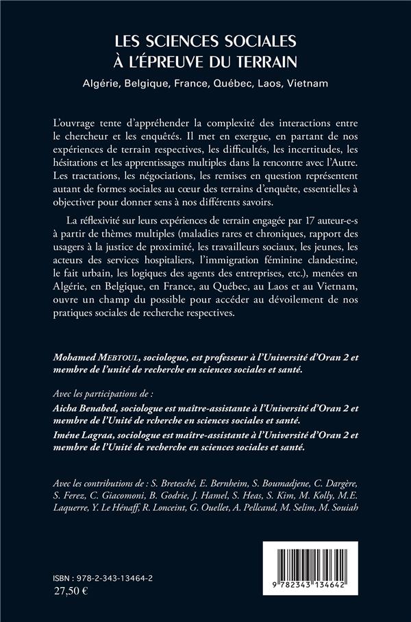 Quatrième de couverture de « LES SCIENCES SOCIALES A L'EPREUVE DU TERRAIN - ALGERIE, BELGIQUE, FRANCE, QUEBEC, LAOS, VIETNAM »