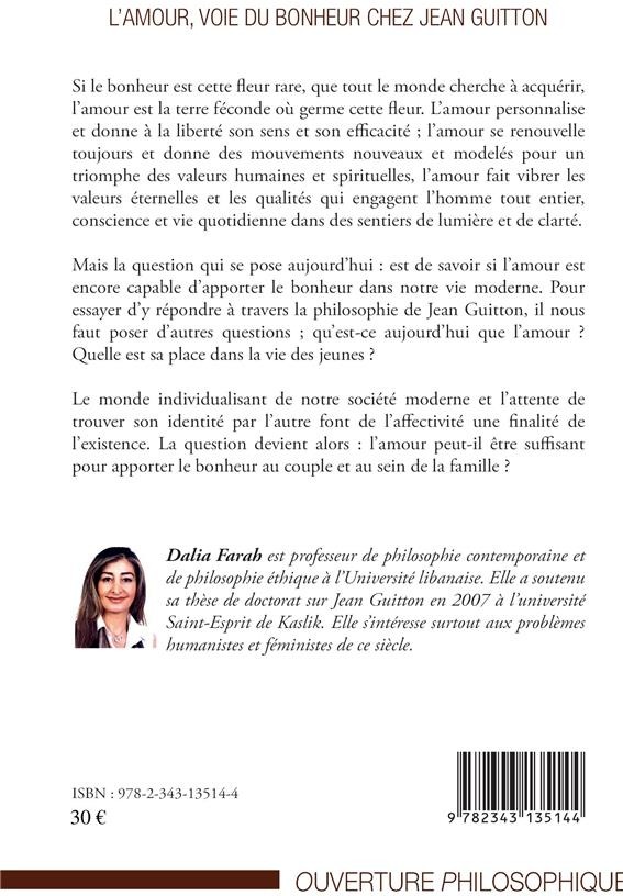 Quatrième de couverture de « L'AMOUR, VOIE DU BONHEUR CHEZ JEAN GUITTON »