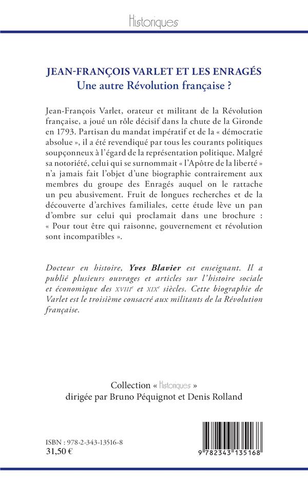 Quatrième de couverture de « JEAN-FRANCOIS VARLET ET LES ENRAGES - UNE AUTRE REVOLUTION FRANCAISE ? »