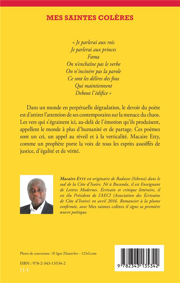 Quatrième de couverture de « MES SAINTES COLERES - POESIE »