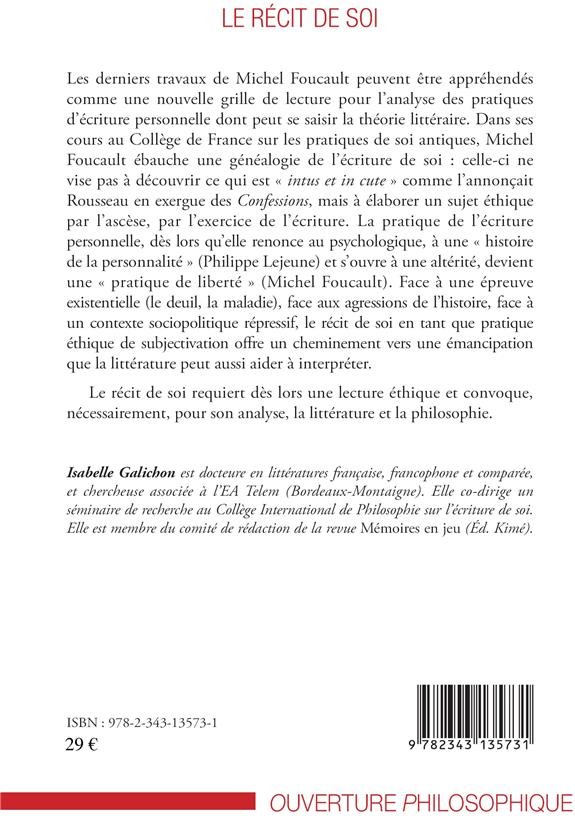 Quatrième de couverture de « LE RECIT DE SOI - UNE PRATIQUE ETHIQUE D'EMANCIPATION »