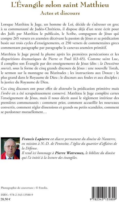 Quatrième de couverture de « L'EVANGILE SELON SAINT MATTHIEU - ACTES ET DISCOURS »