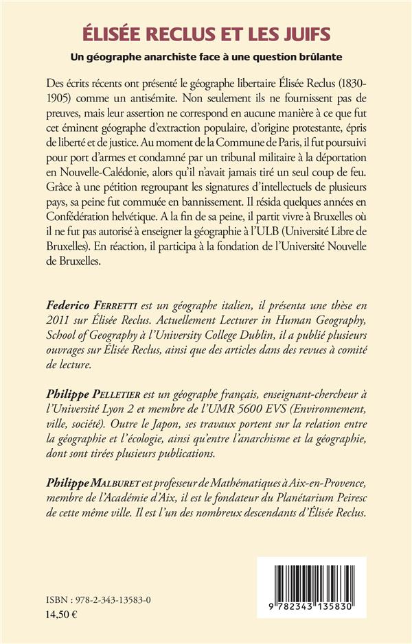 Quatrième de couverture de « ELISEE RECLUS ET LES JUIFS - UN GEOGRAPHE ANARCHISTE FACE A UNE QUESTION BRULANTE »