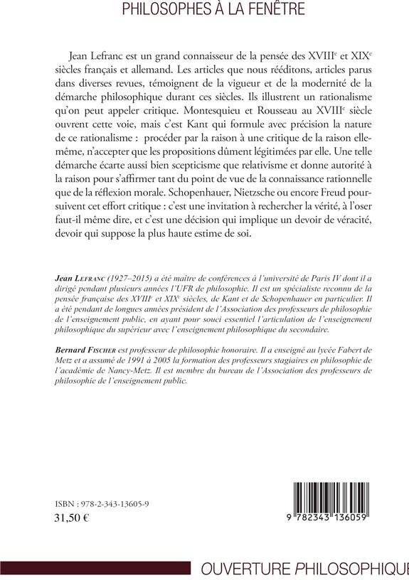 Quatrième de couverture de « PHILOSOPHES A LA FENETRE - PHILOSOPHIE ET RATIONALITE - UNE SELECTION D'ARTICLES »