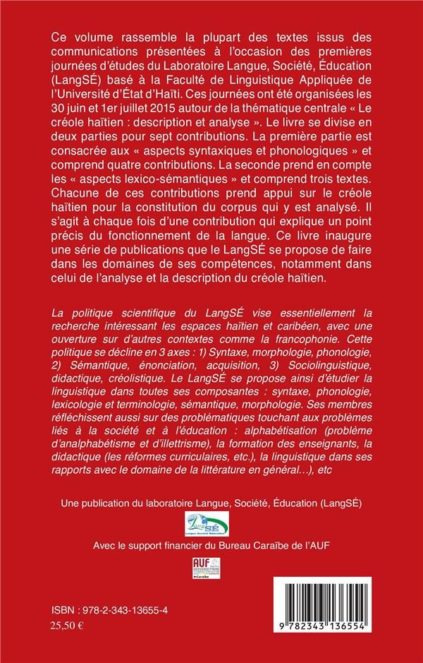 Quatrième de couverture de « LE CREOLE HAITIEN : DESCRIPTION ET ANALYSE »