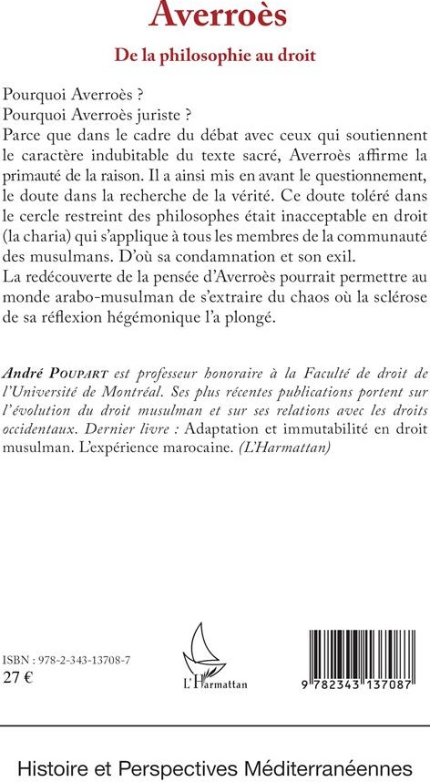 Quatrième de couverture de « AVERROES - DE LA PHILOSOPHIE AU DROIT »