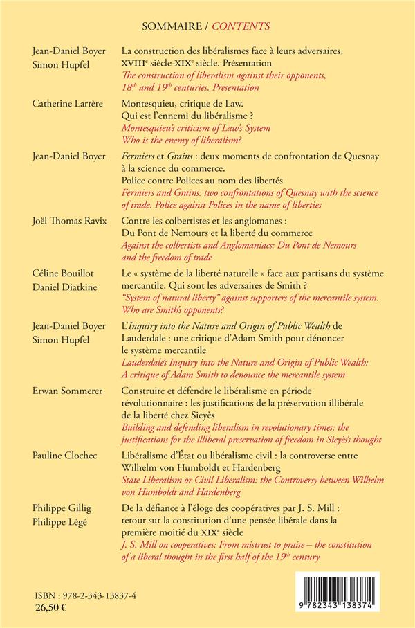 Quatrième de couverture de « CONSTRUCTION DES LIBERALISMES FACE A LEURS ADVERSAIRES, XVIIIE ET XIXE SIECLES - VOL73 - THE CONSTRU »