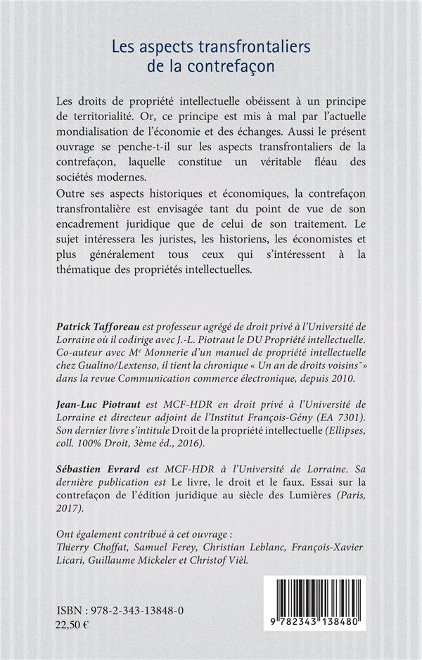 Quatrième de couverture de « ASPECTS TRANSFRONTALIERS DE LA CONTREFACON »