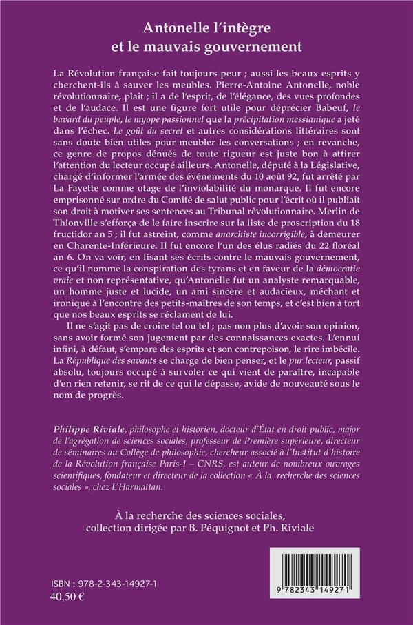 Quatrième de couverture de « ANTONELLE L'INTEGRE ET LE MAUVAIS GOUVERNEMENT »