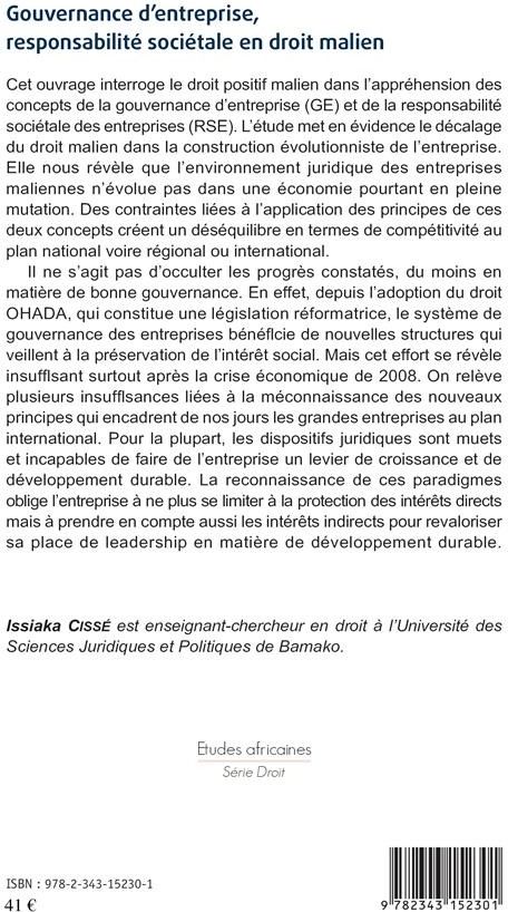 Quatrième de couverture de « GOUVERNANCE D'ENTREPRISE, RESPONSABILITE SOCIETALE EN DROIT MALIEN »