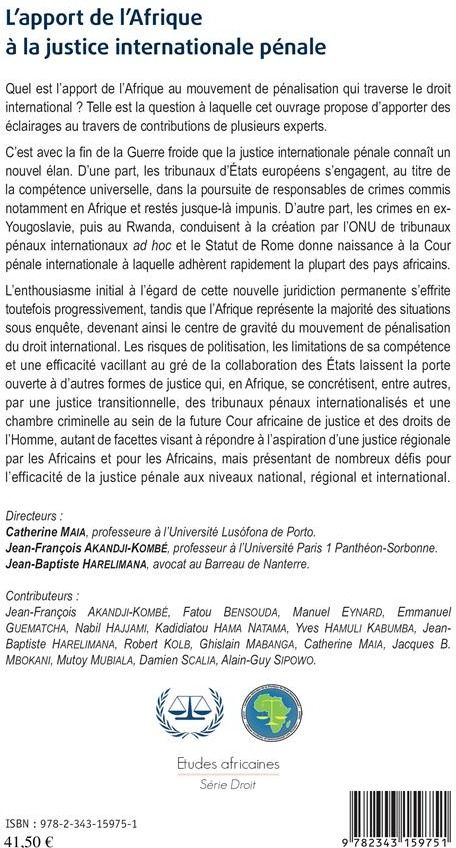 Quatrième de couverture de « L'APPORT DE L'AFRIQUE A LA JUSTICE INTERNATIONALE PENALE »