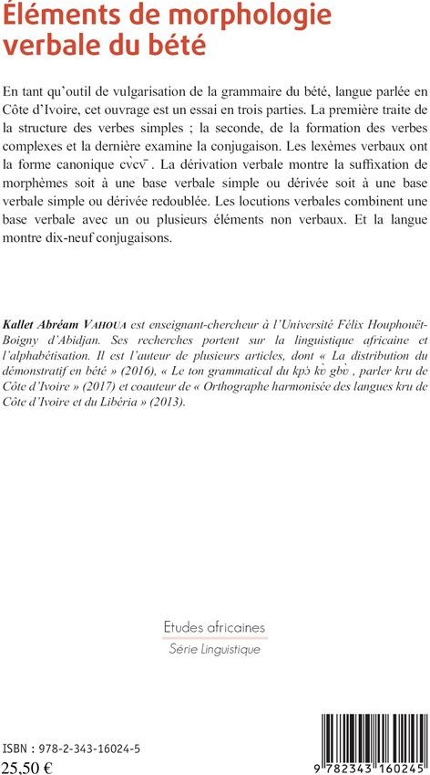 Quatrième de couverture de « ELEMENTS DE MORPHOLOGIE VERBALE DU BETE »