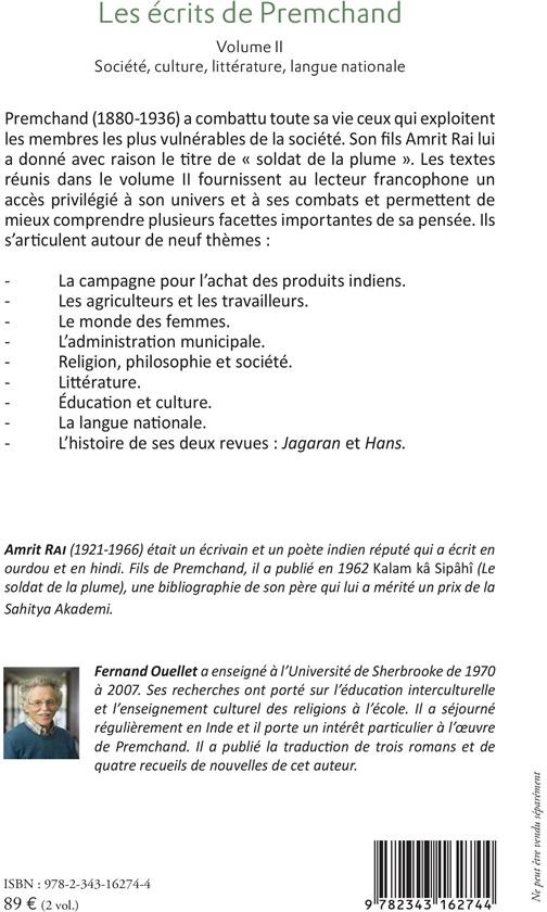 Quatrième de couverture de « LES ECRITS DE PREMCHAND - VOLUME I : LA POLITIQUE NATIONALE ET INTERNATIONALE - VOLUME II : SOCIETE, »