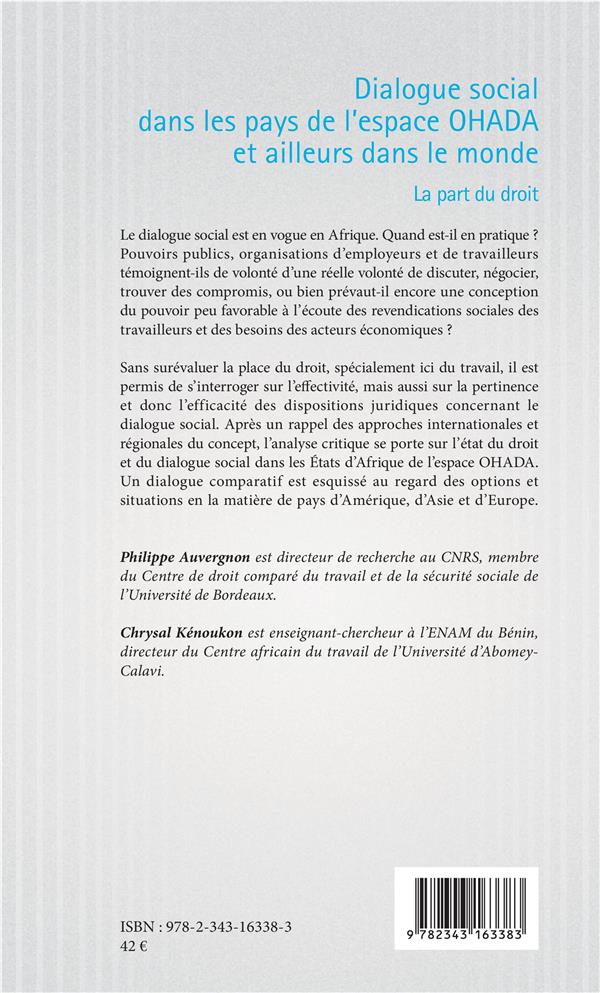 Quatrième de couverture de « DIALOGUE SOCIAL DANS LES PAYS DE L'ESPACE OHADA ET AILLEURS DANS LE MONDE - LA PART DU DROIT »