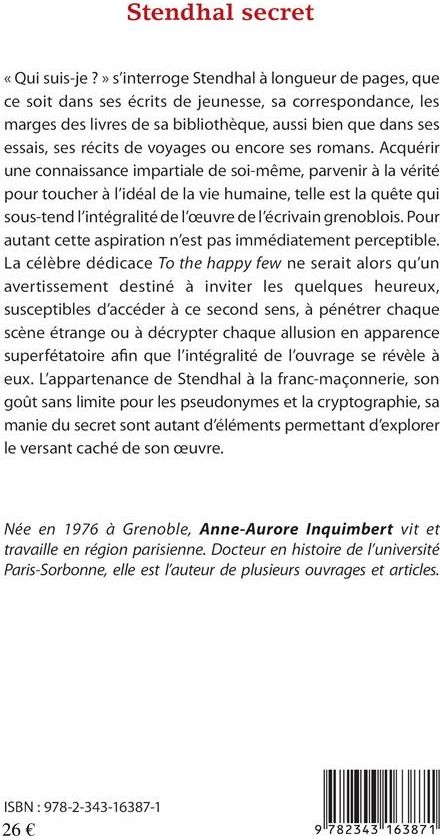 Quatrième de couverture de « STENDHAL SECRET - TO THE HAPPY FEW »