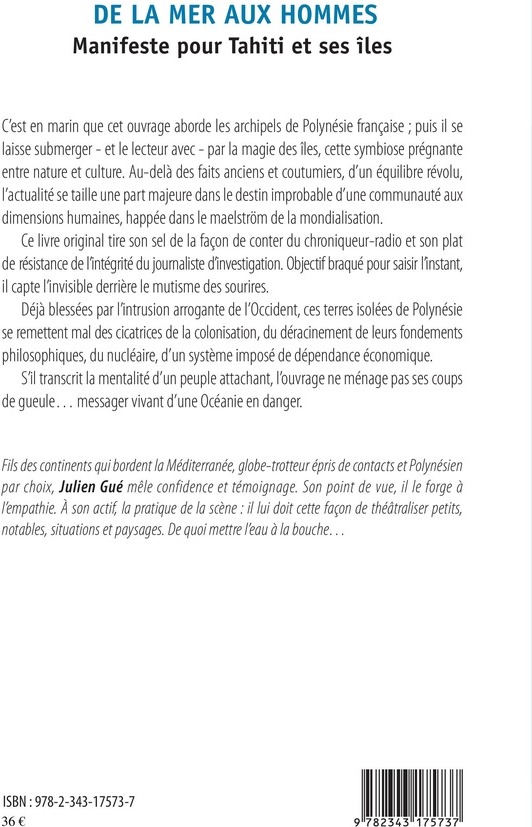 Quatrième de couverture de « DE LA MER AUX HOMMES - MANIFESTE POUR TAHITI ET SES ILES »