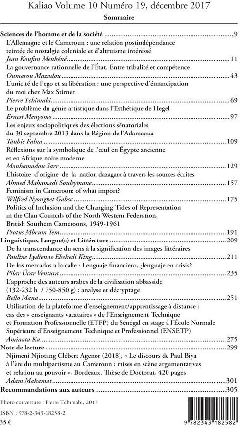 Quatrième de couverture de « KALIAO 10 REVUE PLURIDISCIPLINAIRE DE L'ECOLE NORMALE SUPERIEURE DE MAROUA (CAMEROUN) - SERIE LETTRE »
