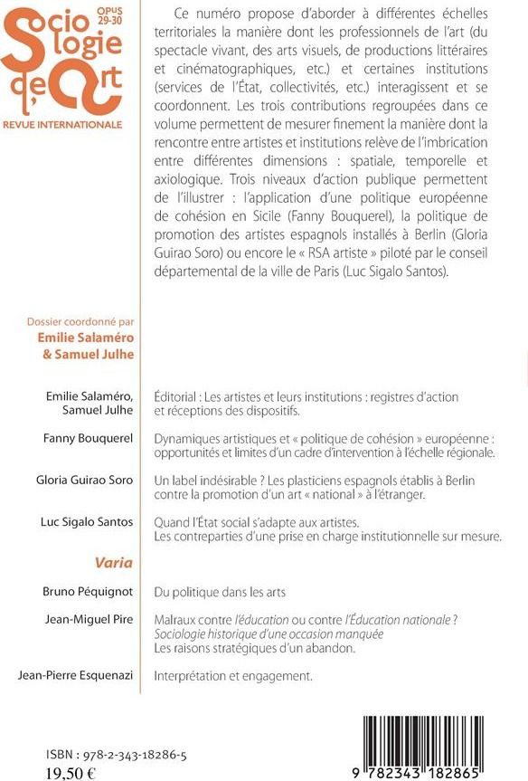 Quatrième de couverture de « LES ARTISTES ET LEURS INSTITUTIONS : REGISTRES D'ACTION ET RECEPTIONS DES DISPOSITIFS - VOL2930 - AR »