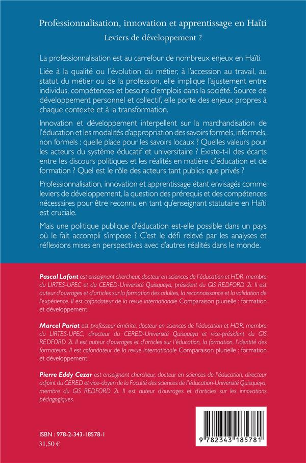 Quatrième de couverture de « PROFESSIONNALISATION, INNOVATION ET APPRENTISSAGE EN HAITI - LEVIERS DE DEVELOPPEMENT ? »