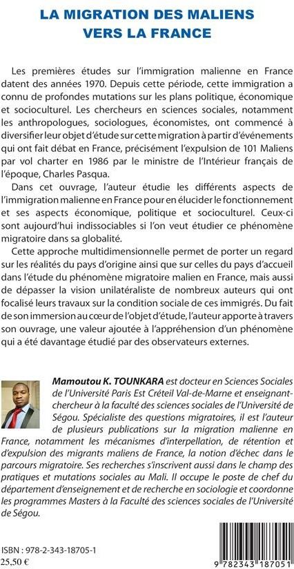 Quatrième de couverture de « LA MIGRATION DES MALIENS VERS LA FRANCE - ENJEUX POLITIQUES, ECONOMIQUES ET SOCIOCULTURELS »