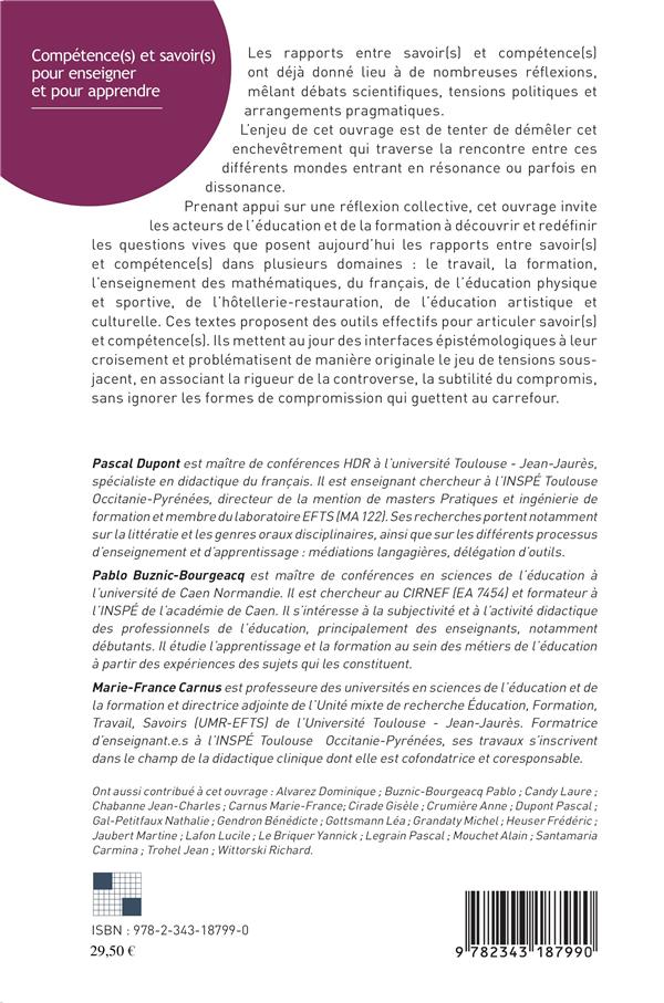 Quatrième de couverture de « COMPETENCE(S) ET SAVOIR(S) POUR ENSEIGNER ET POUR APPRENDRE - CONTROVERSES, COMPROMIS OU COMPROMISSI »