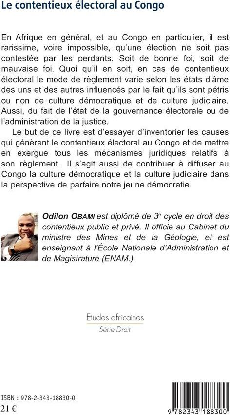 Quatrième de couverture de « LE CONTENTIEUX ELECTORAL AU CONGO »