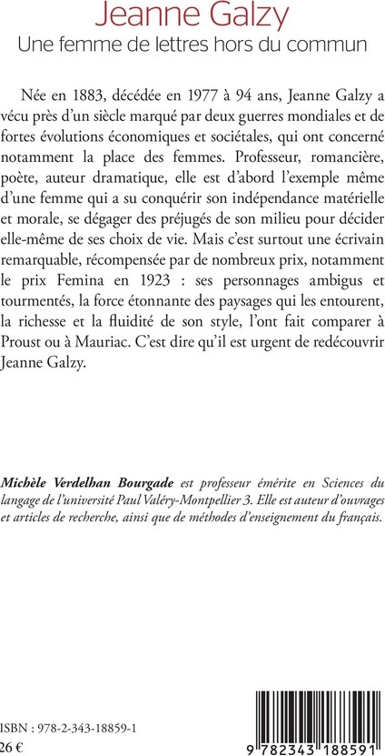 Quatrième de couverture de « JEANNE GALZY - UNE FEMME DE LETTRES HORS DU COMMUN »