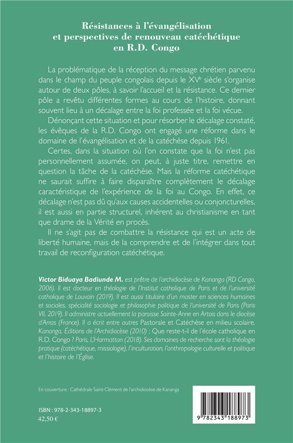 Quatrième de couverture de « RESISTANCES A L'EVANGELISATION ET PERSPECTIVES DE RENOUVEAU CATECHETIQUE EN R.D. CONGO - APPROCHES H »