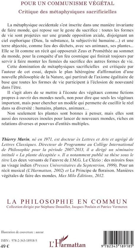 Quatrième de couverture de « POUR UN COMMUNISME VEGETAL - CRITIQUE DES METAPHYSIQUES SACRIFICIELLES »