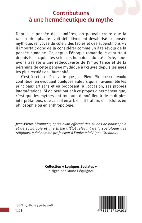 Quatrième de couverture de « CONTRIBUTIONS A UNE HERMENEUTIQUE DU MYTHE »