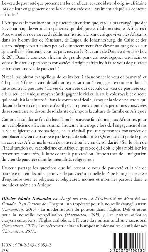 Quatrième de couverture de « POUR UN CATHOLICISME AFRICAIN ASSUME : REMPLACER LE VOEU DE PAUVRETE PAR LE VEAU DE SOLIDARITE - LA »