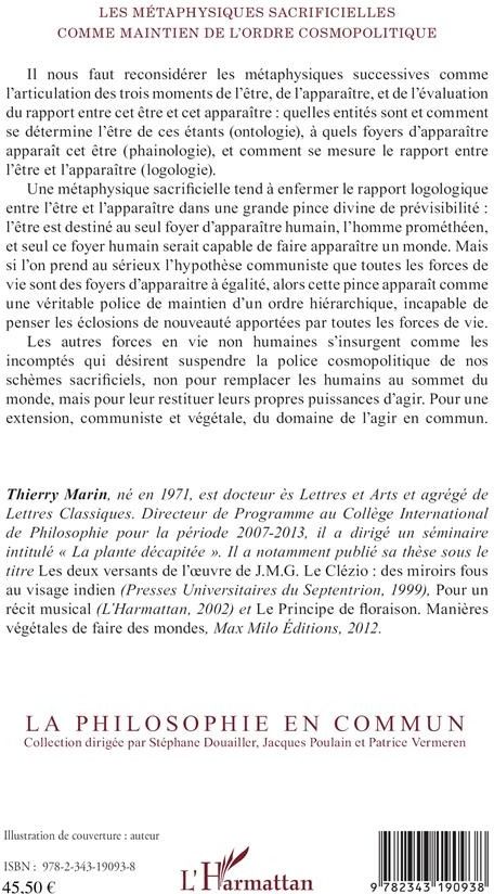 Quatrième de couverture de « LES METAPHYSIQUES SACRIFICIELLES COMME MAINTIEN DE L'ORDRE COSMOPOLITIQUE »