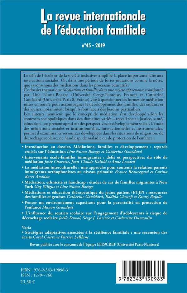 Quatrième de couverture de « MEDIATIONS ET FAMILLES DANS UNE SOCIETE APPRENANTE - VOL45 »