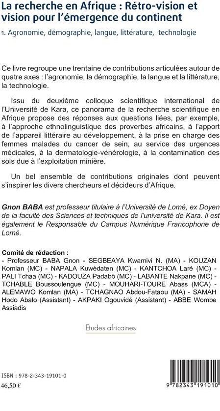 Quatrième de couverture de « LA RECHERCHE EN AFRIQUE TOME 1 : RETRO-VISION ET VISION POUR L'EMERGENCE DU CONTINENT - VOL01 - 1. A »