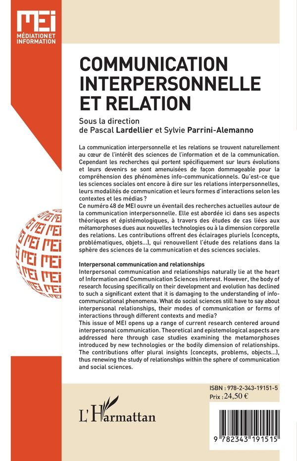 Quatrième de couverture de « COMMUNICATION INTERPERSONNELLE ET RELATION - VOL48 »