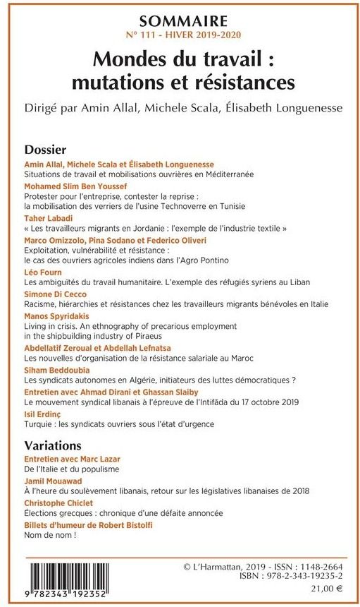 Quatrième de couverture de « MONDES DU TRAVAIL : MUTATIONS ET RESISTANCES - VOL111 »