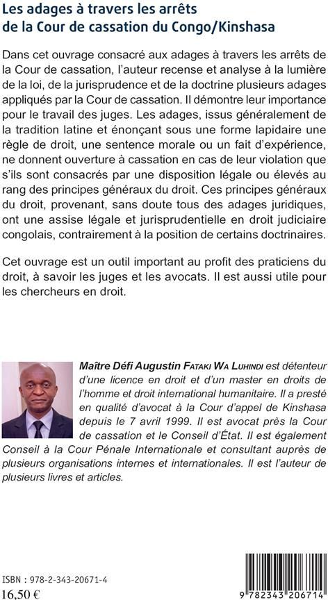 Quatrième de couverture de « LES ADAGES A TRAVERS LES ARRETS DE LA COUR DE CASSATION DU CONGO/KINSHASA »