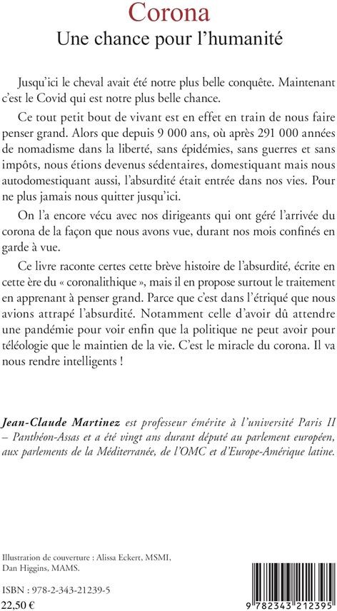 Quatrième de couverture de « CORONA - UNE CHANCE POUR L'HUMANITE »