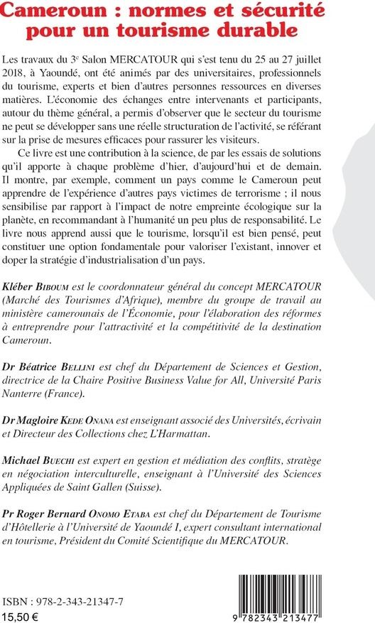 Quatrième de couverture de « CAMEROUN : NORMES ET SECURITE POUR UN TOURISME DURABLE - ACTES DU FORUM MERCATOUR 2018 »