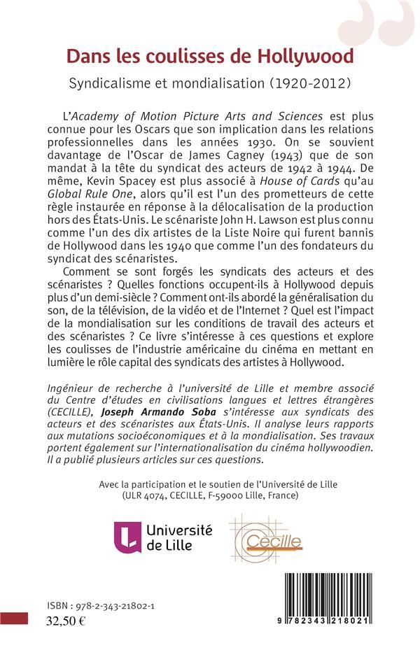 Quatrième de couverture de « DANS LES COULISSES DE HOLLYWOOD - SYNDICALISME ET MONDIALISATION (1920-2012) »
