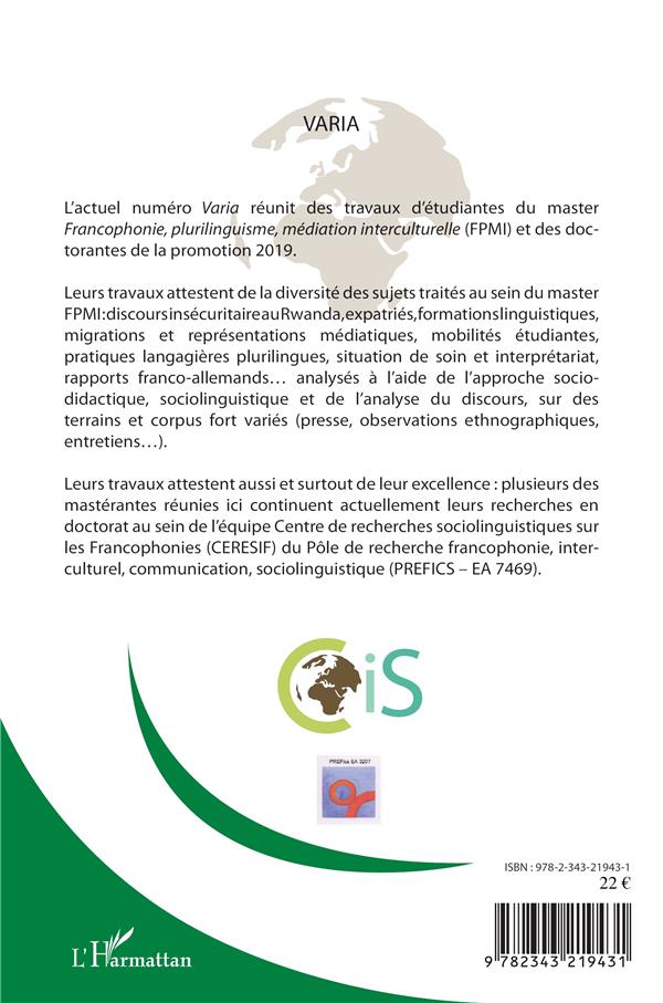 Quatrième de couverture de « CAHIERS INTERNATIONAUX DE SOCIOLINGUISTIQUE - VOL17 - VARIA »