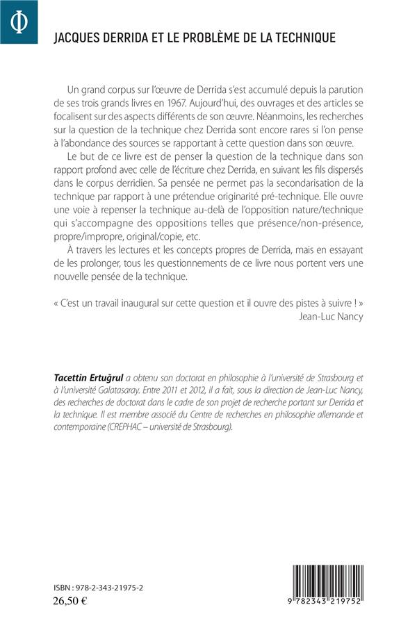 Quatrième de couverture de « JACQUES DERRIDA ET LE PROBLEME DE LA TECHNIQUE »