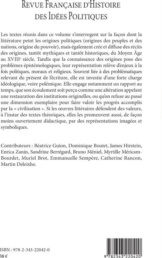 Quatrième de couverture de « LA REPRESENTATION DES ORIGINES - VOL52 »